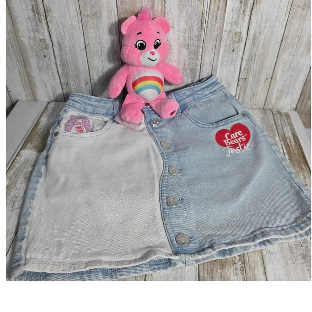 Justice Care Bears Denim Mini Skirt Light Wash Colorblock GirlButton Large 12/14
